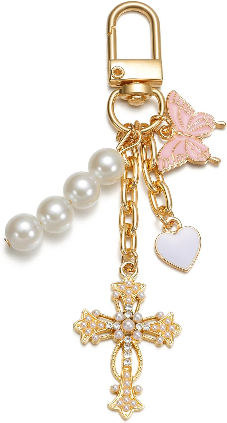 wavaiov Llavero de cruz con forma de corazón y mariposa, accesorios...
