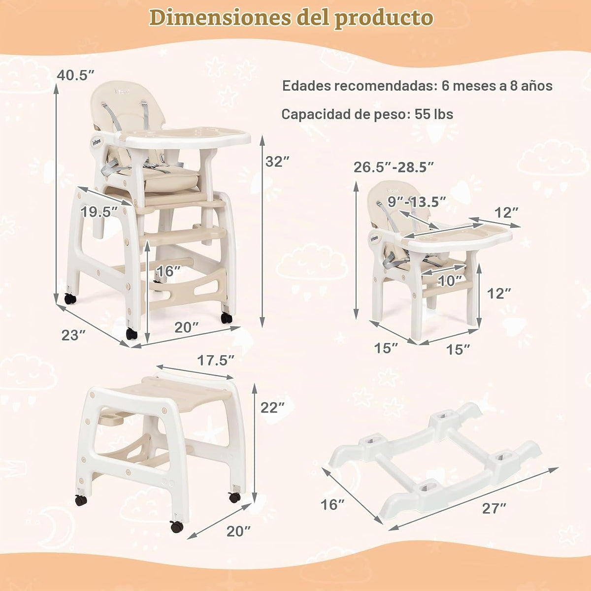 INFANS 5 en 1 Silla Alta para Bebé, Juego de Silla y Mesa Convertib...