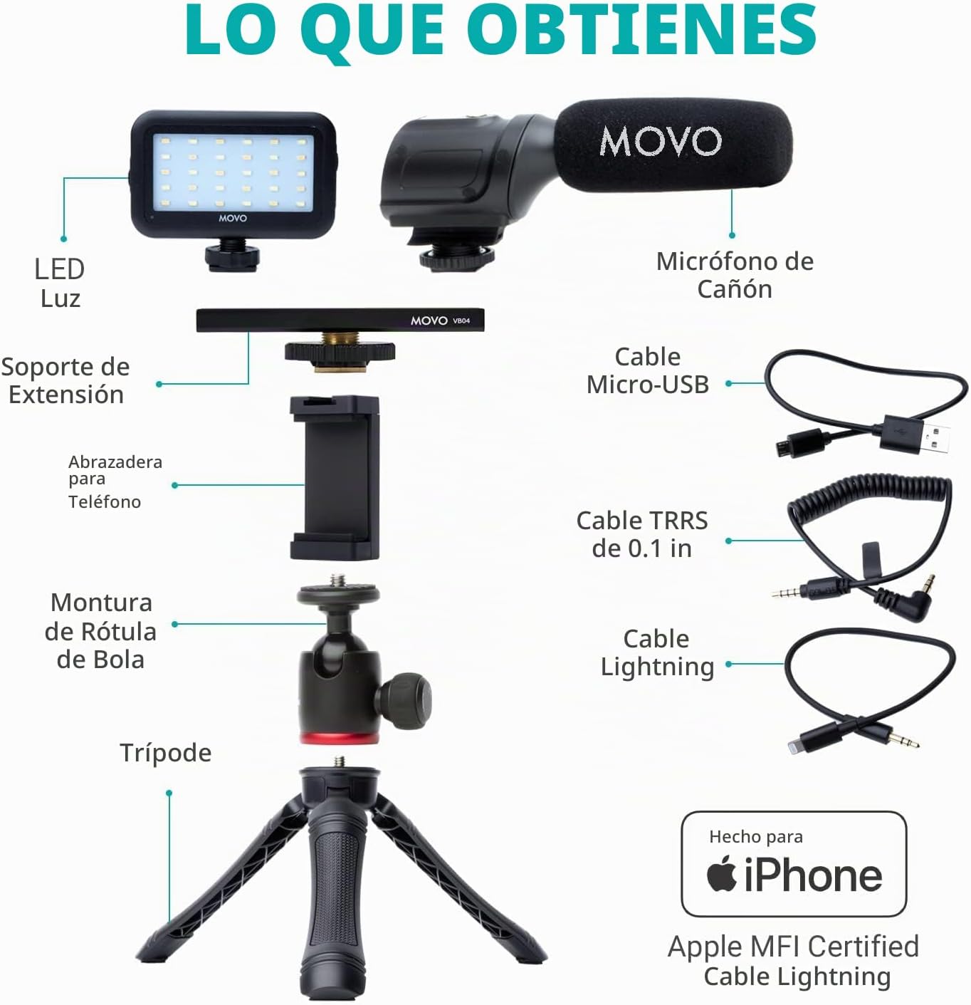 Kit de vlogging Movo iVlogger para iPhone - Compatible con Lightnin...