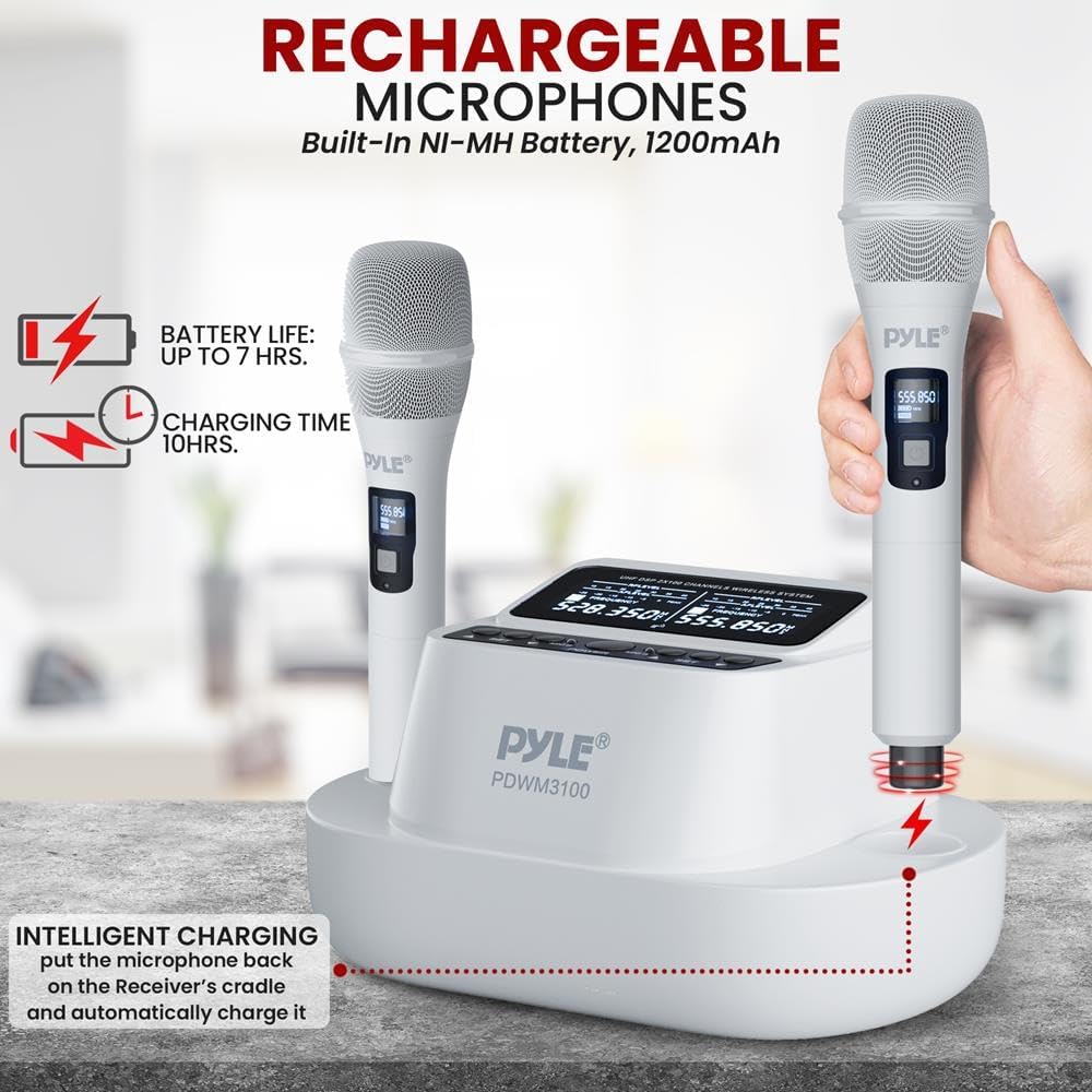 Pyle Sistema de micrófono inalámbrico UHF con micrófonos de mano du...