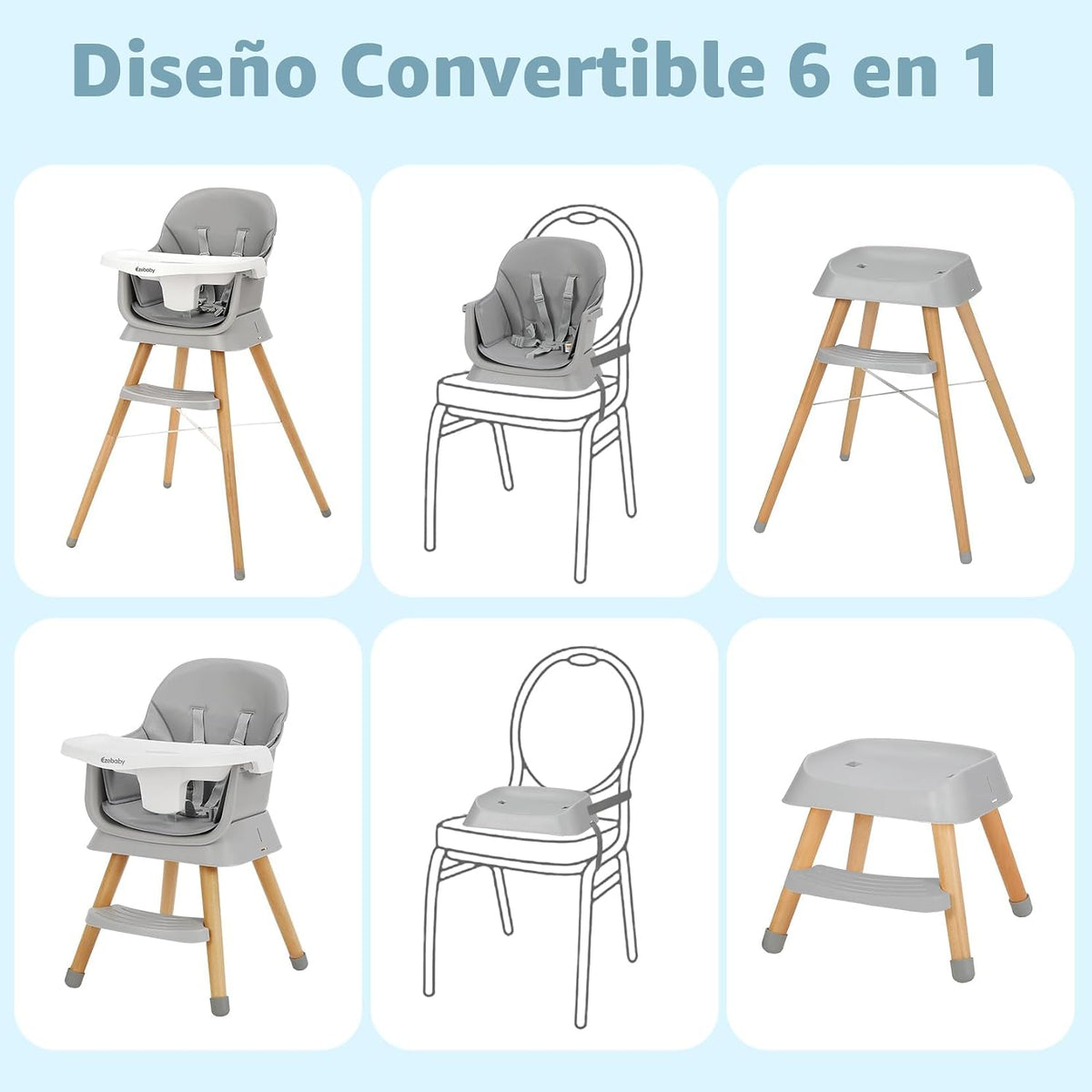 Ezebaby Sillas altas de madera 6 en 1 para bebés y niños pequeños,...