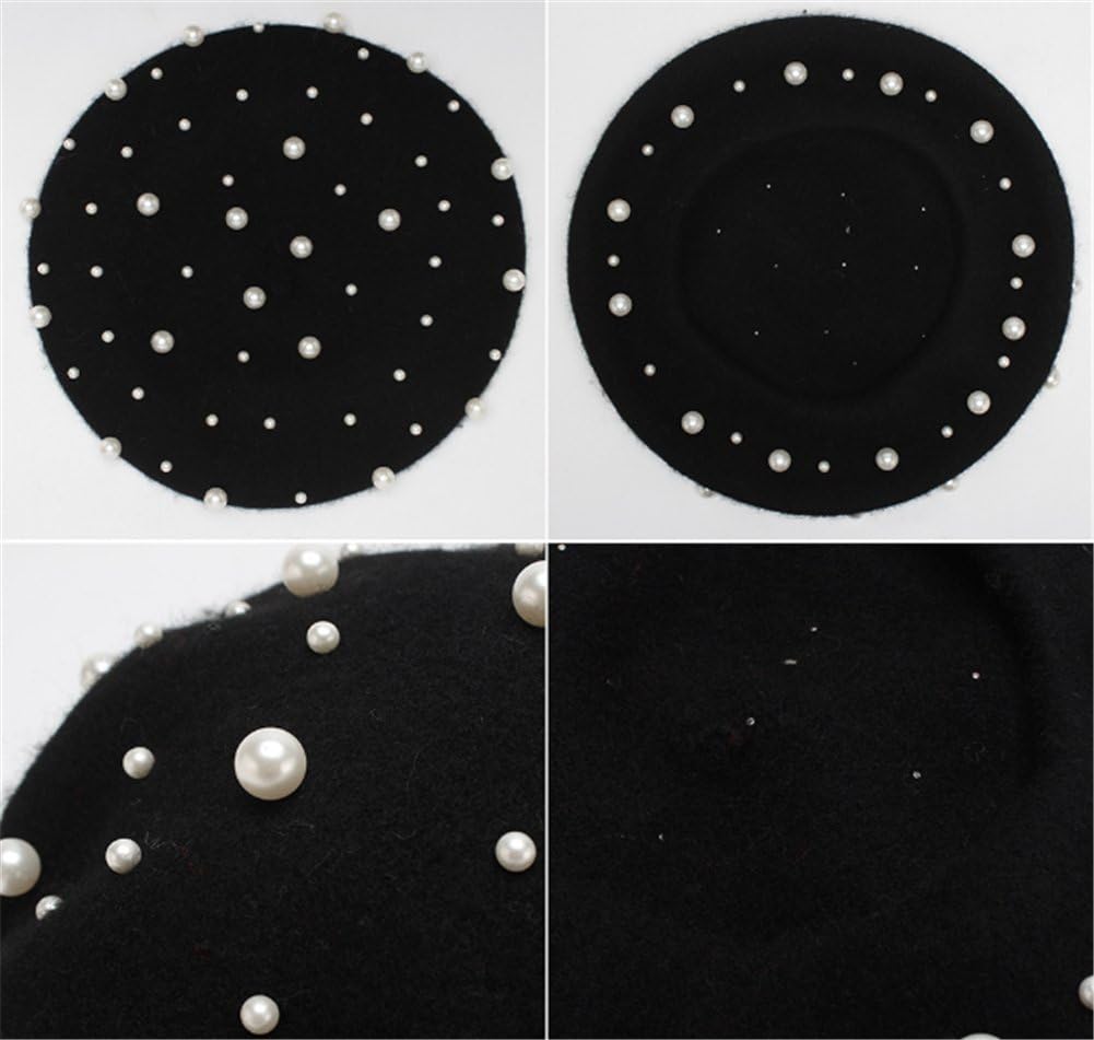 Sombrero de boina vintage de lana de perla para mujer, gorro cálido...