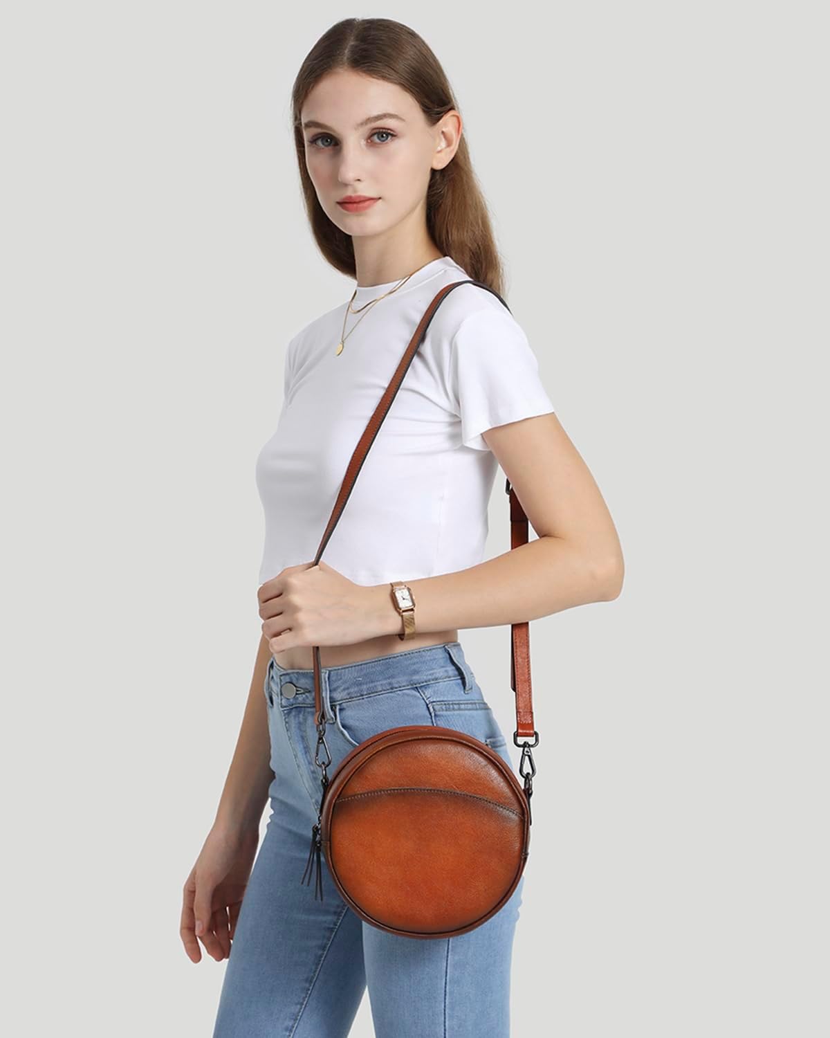 COOLCY Bolsos cruzados de cuero, bolso de hombro circular, bolso re...