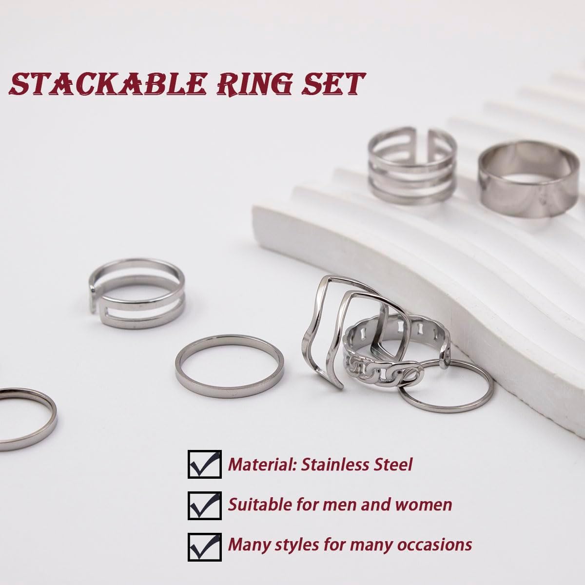 PINCHUAN Juego de 17 anillos de plata para nudillos para mujer, jue...