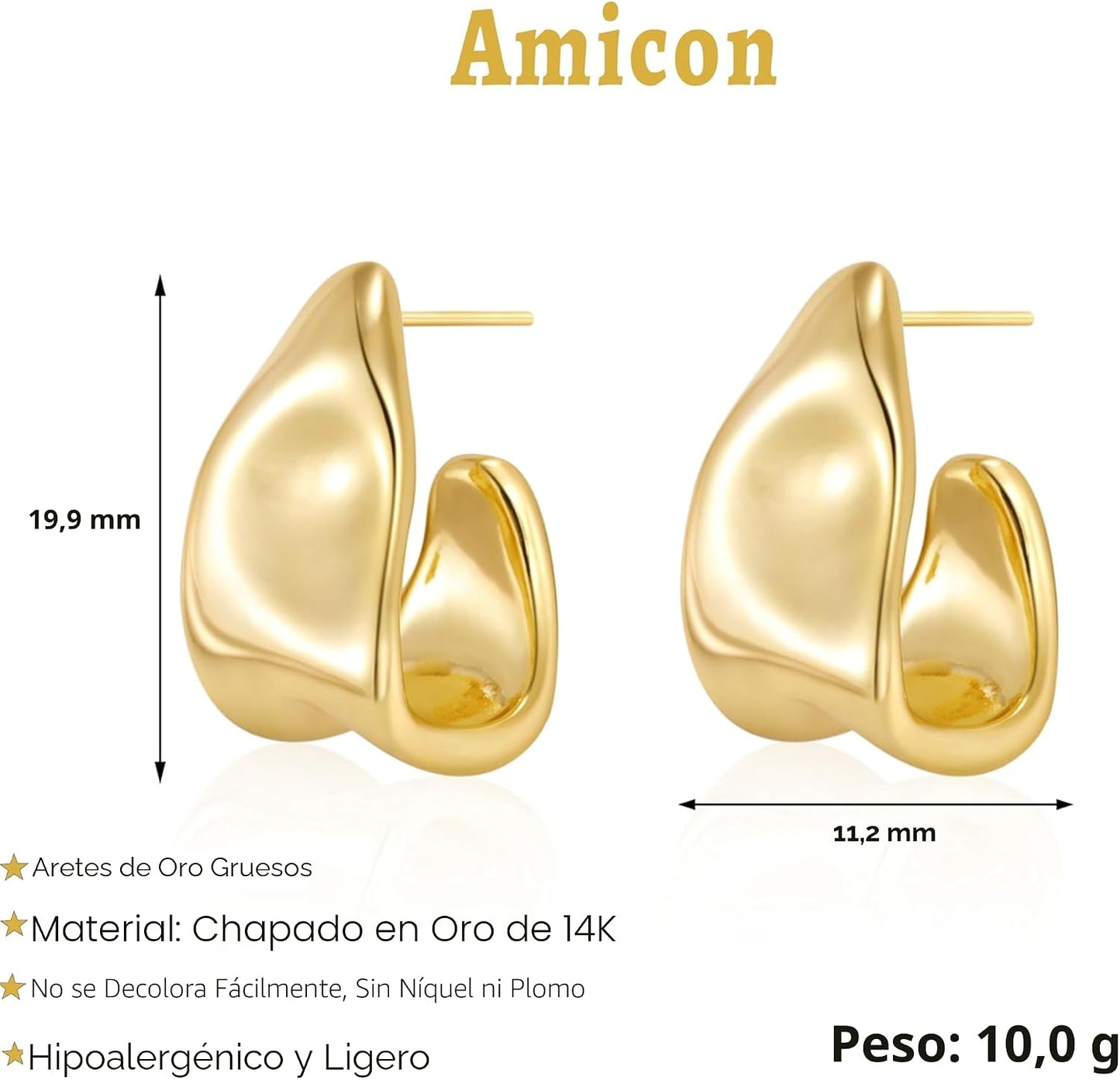 Amicon Pendientes de oro grueso para mujer, chapados en oro de 14 q...