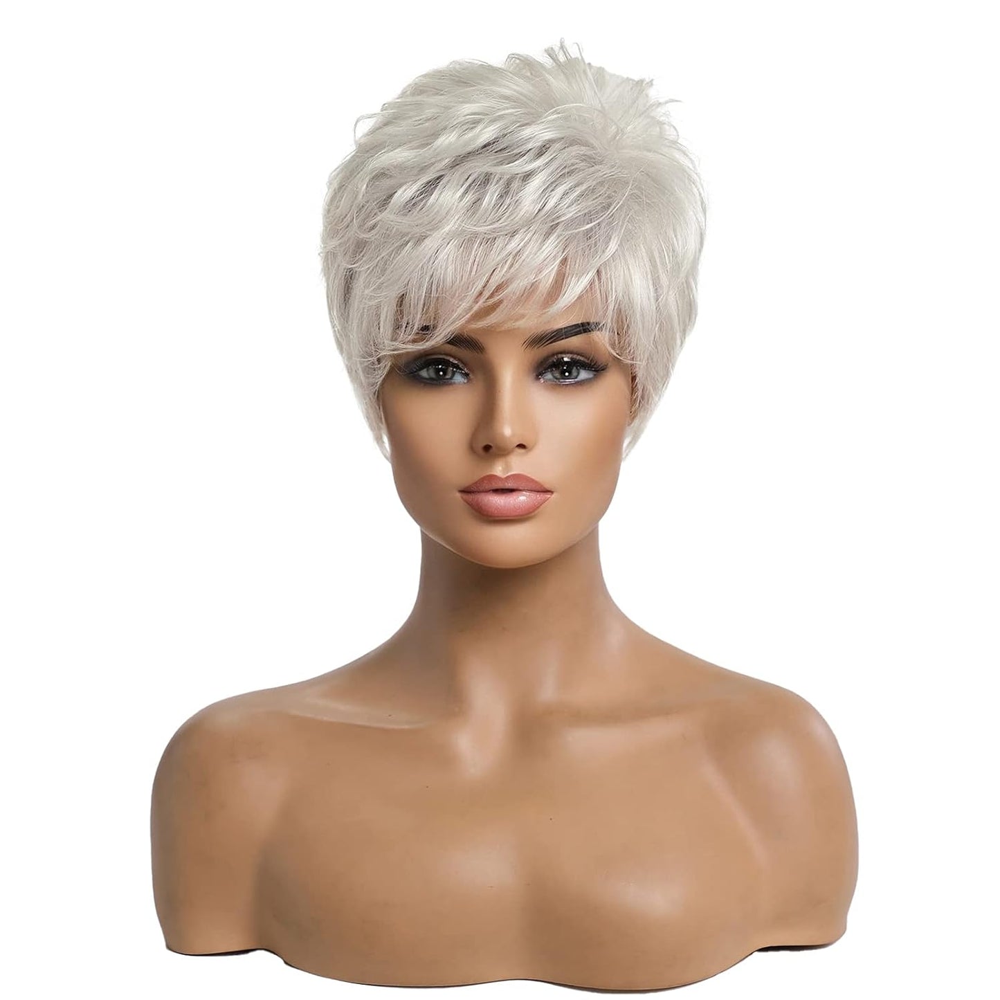 EMMOR Pelucas cortas de cabello humano gris plateado para mujer, me...
