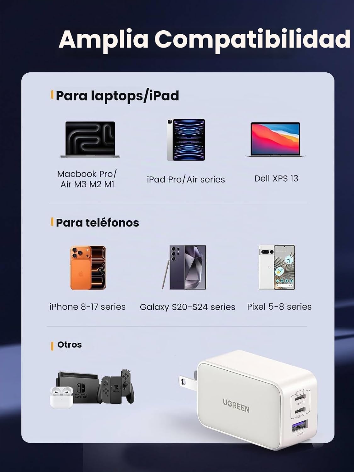 UGREEN Bloque de cargador USB C de 65 W, Nexode 3 puertos GaN Fast...