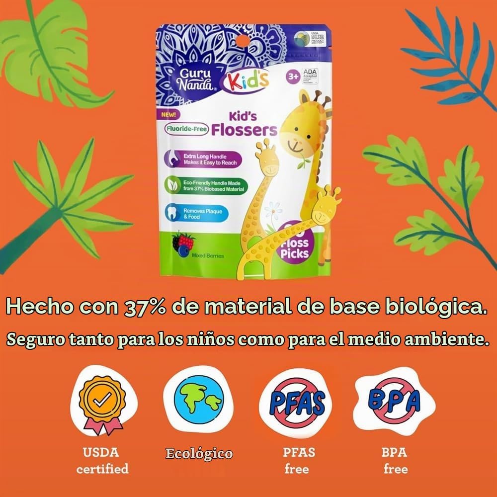 GuruNanda Púas de hilo dental, sabor a bayas, 90 unidades, para niñ...
