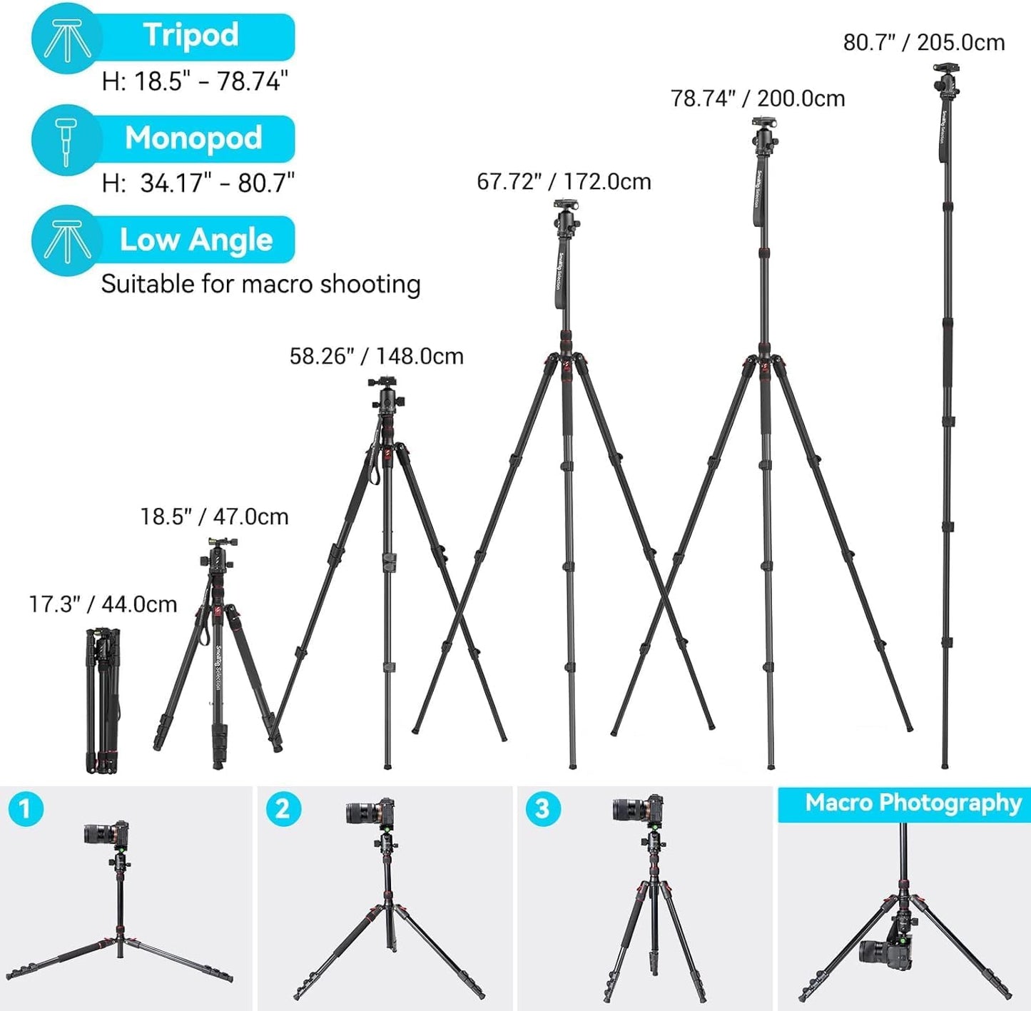 SmallRig Trípode de cámara CT-20, trípode y monopie plegable de alu...