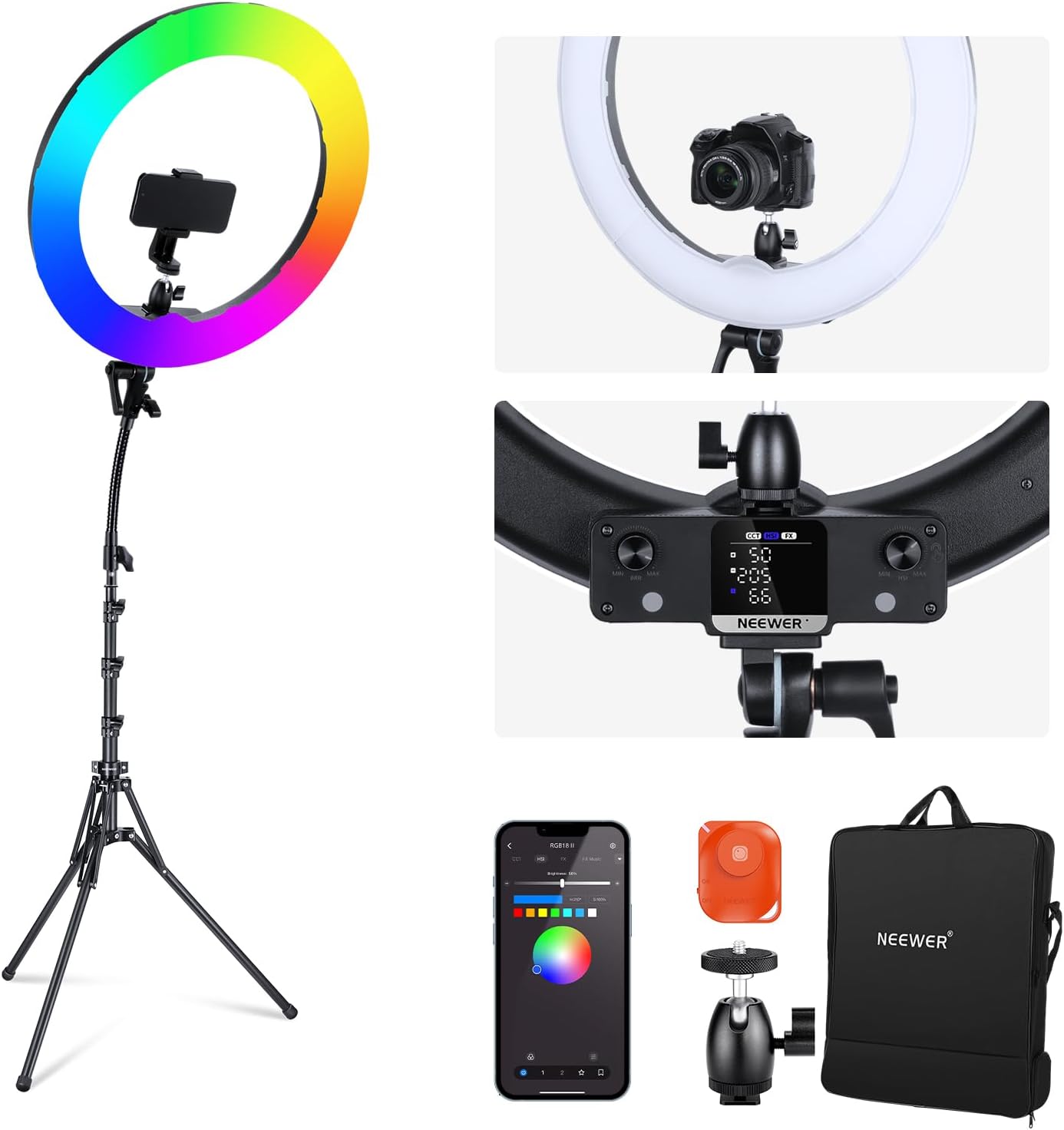 NEEWER - Anillo de luz LED RGB de 18 pulgadas con control por aplic...