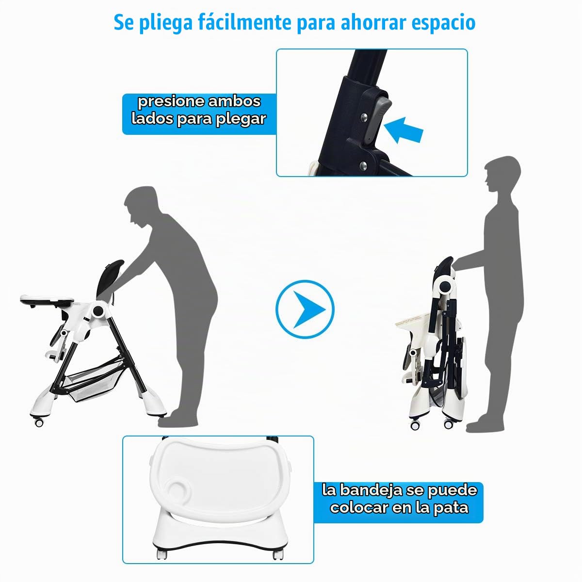 INFANS Silla alta con bandeja extraíble con una sola mano, 4 ruedas...