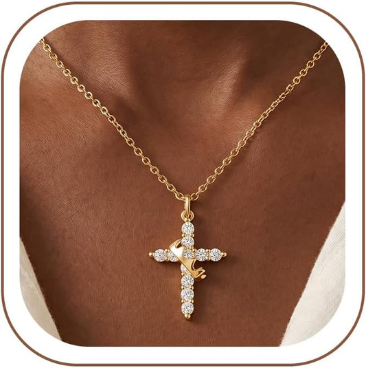Selncfyt Collar de cruz para mujer, chapado en oro de 14 quilates,...