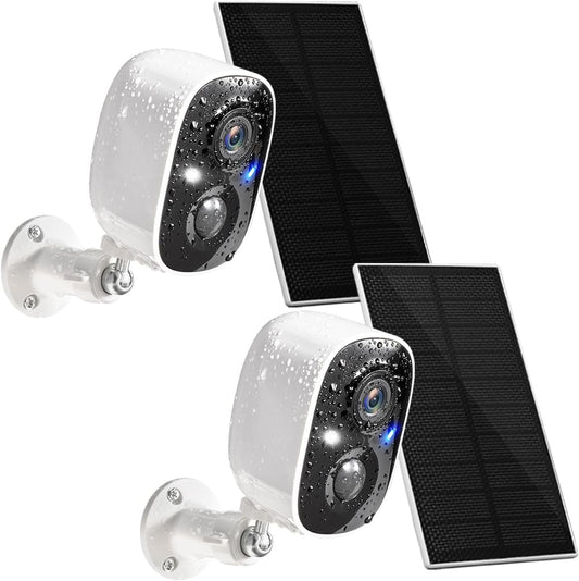 GMK Paquete de 2 cámaras de seguridad solares inalámbricas para ext...