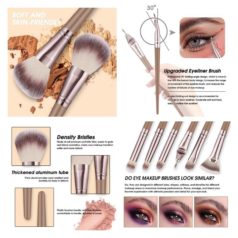 KUORYZAL Juego de brochas de maquillaje marrón profesional, 47 piez...