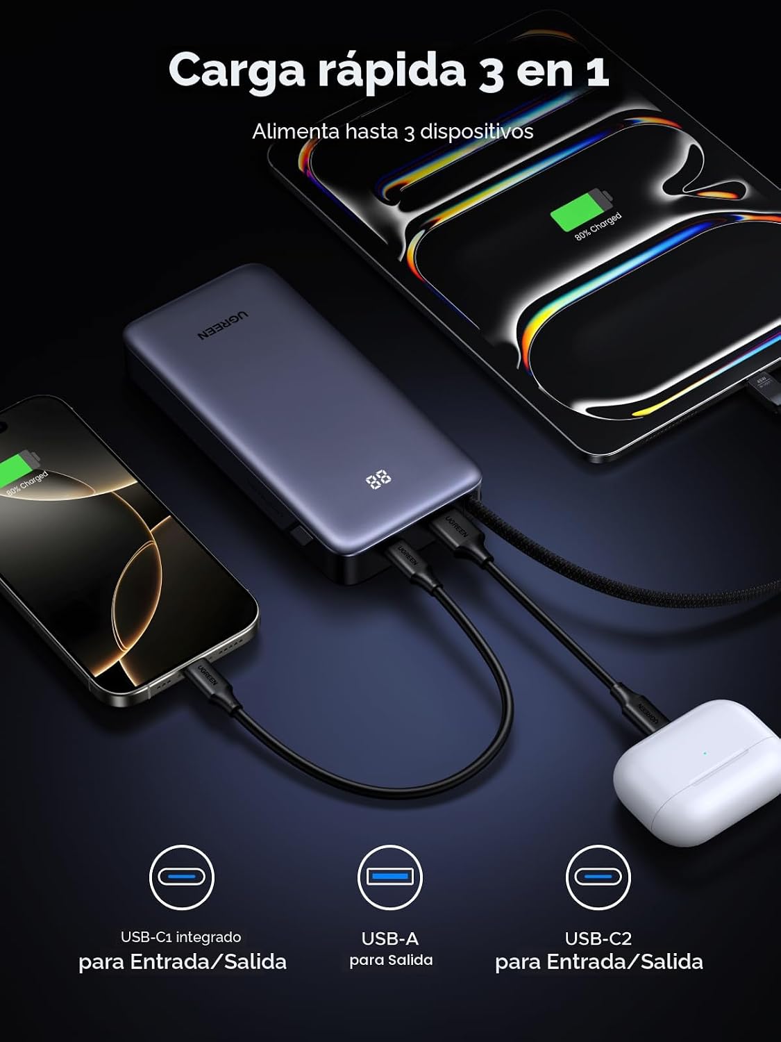 UGREEN Nexode 20000mAh 45W Power Bank, cable incorporado para iPhon...