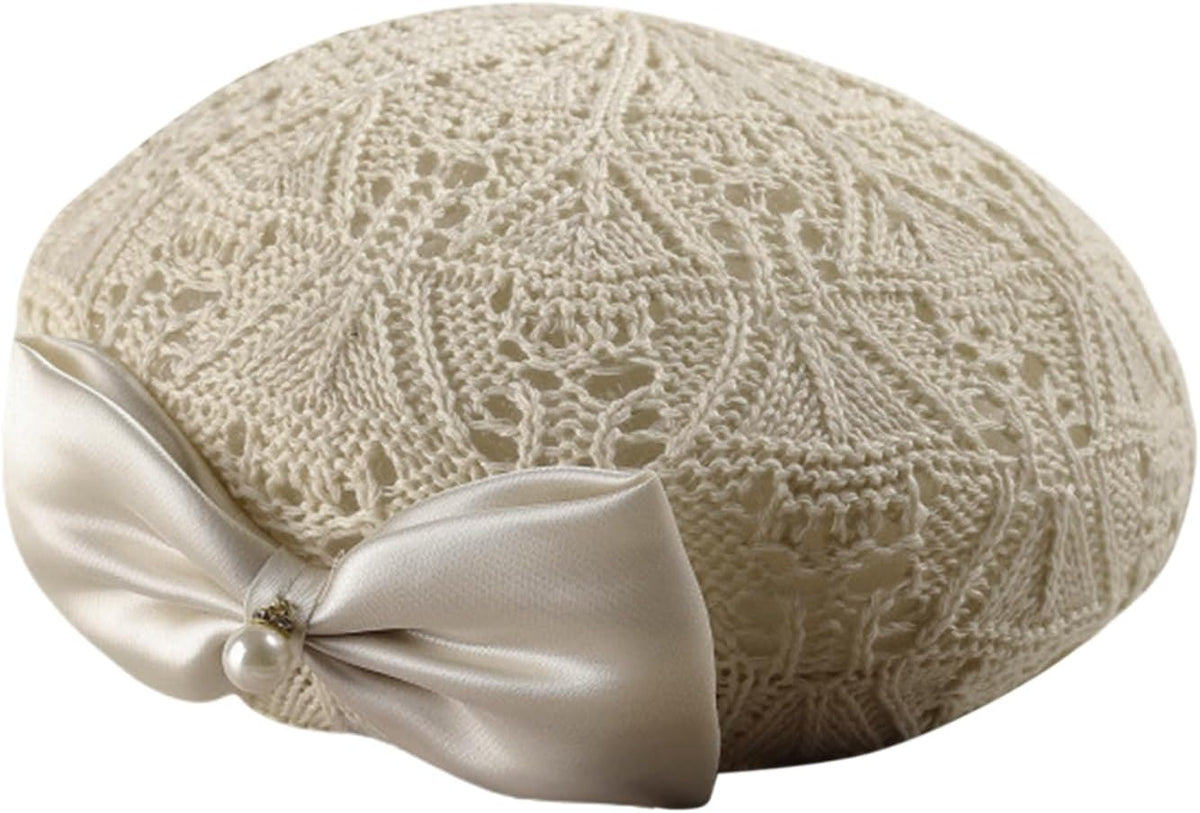 JASASCCEL Boina con lazo para mujer, elegante perla de punto de gan...