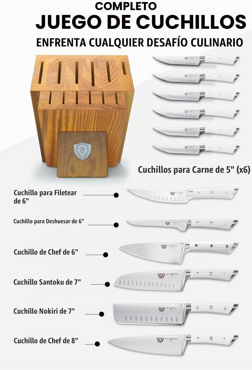 Dalstrong Juego de bloques de cuchillos de 12 piezas, asas blancas...