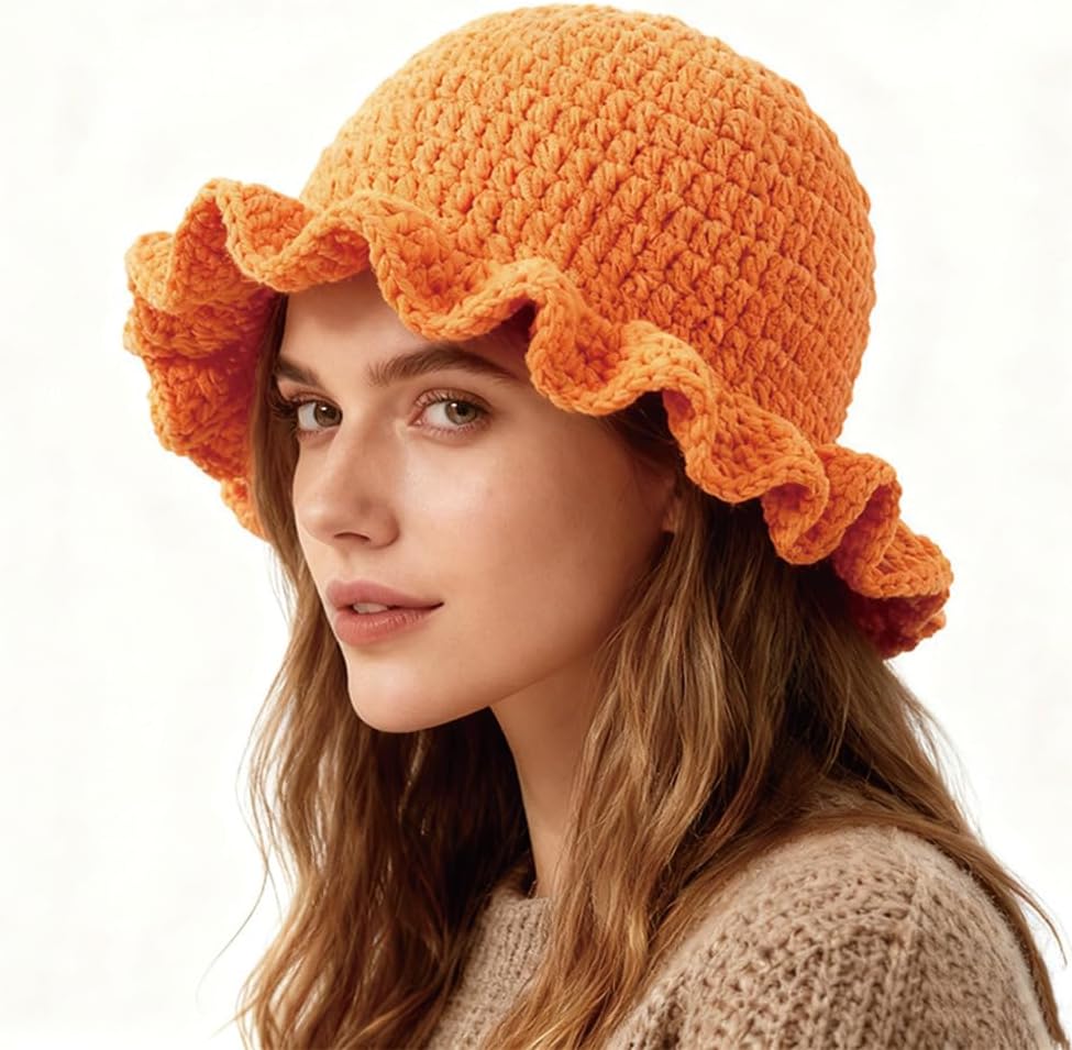AMOFIA Gorro de punto para mujer, gorro de ganchillo con volantes,...