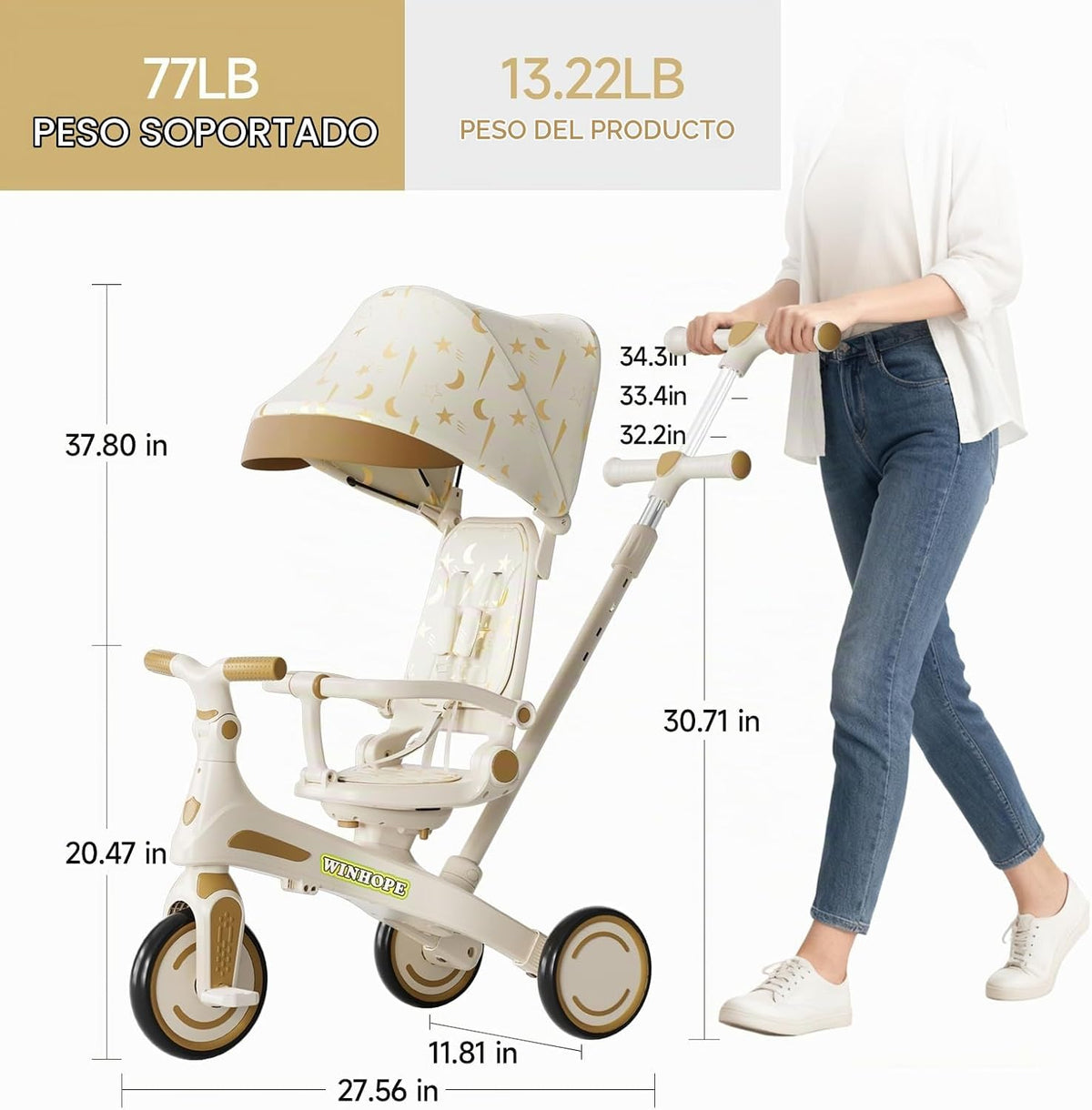 Triciclo para niños, triciclo 6 en 1 para bebés con mango ajustable...