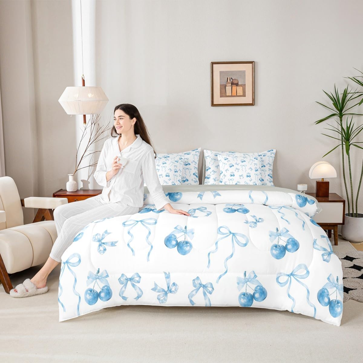 Erosebridal Juego de edredón de lazo azul para niñas con sábanas ta...