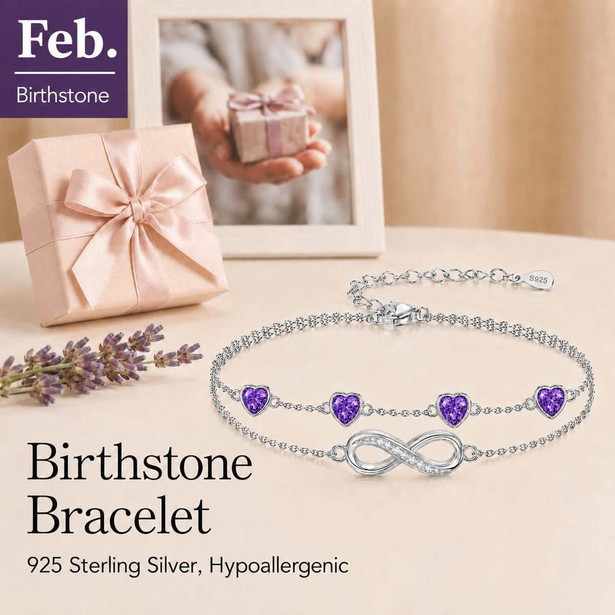 Distance Pulsera de plata 925 con corazón infinito y piedra natal p...