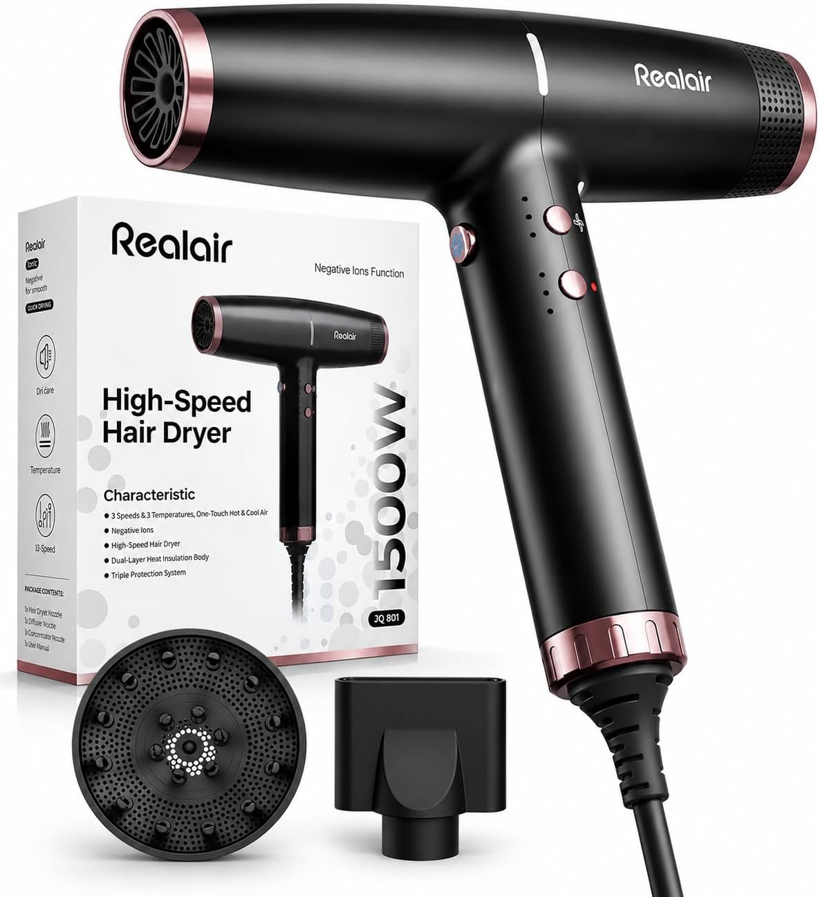 Realair Secador de pelo iónico profesional con difusor | Cuidado de...