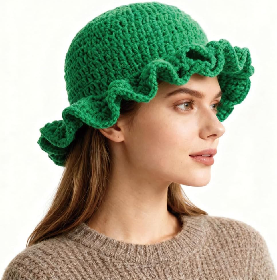 AMOFIA Gorro de punto para mujer, gorro de ganchillo con volantes,...