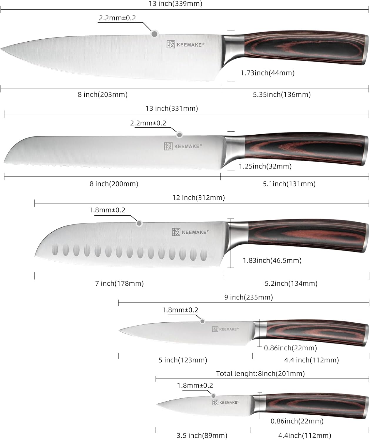 KEEMAKE - Juego de cuchillos de cocina de 5 piezas. Cuchillos de co...