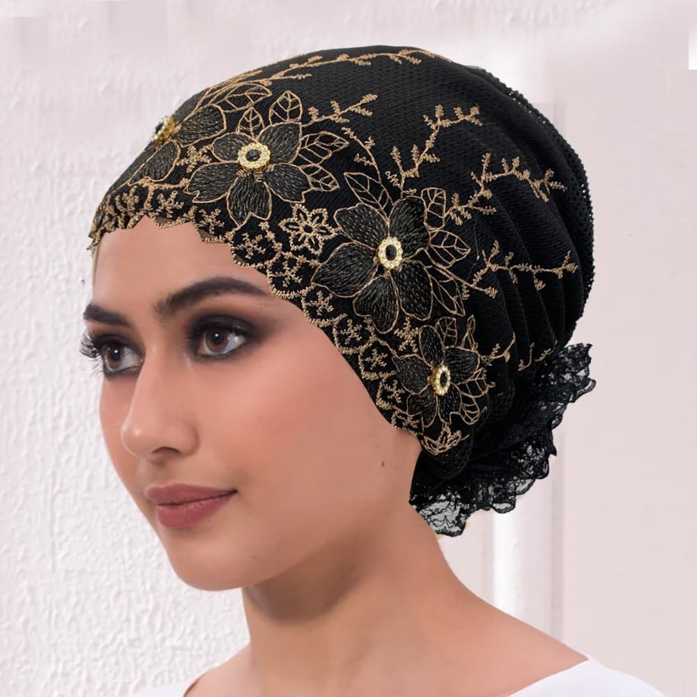2 unids Floral Bordado Turbante Cap para Mujer Musulmana Señora Env...