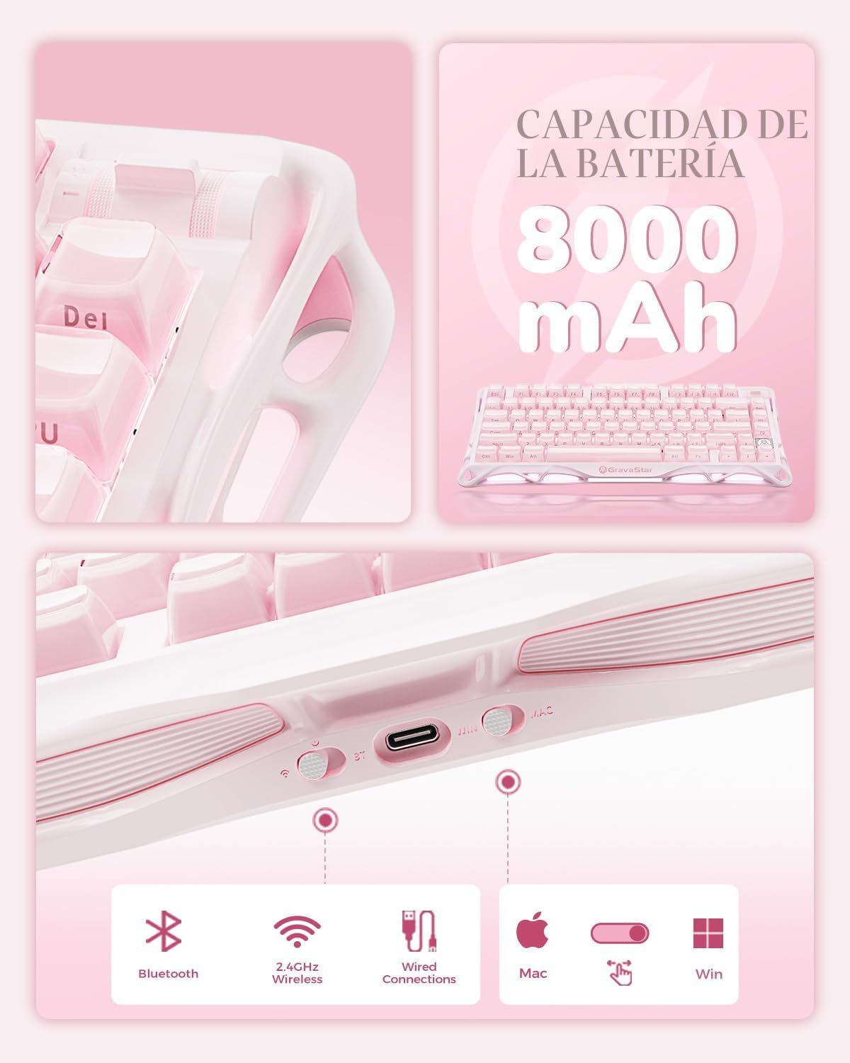 GravaStar Mercury K1 75% Rosa Teclado Inalámbrico, Diseño de Exoesq...
