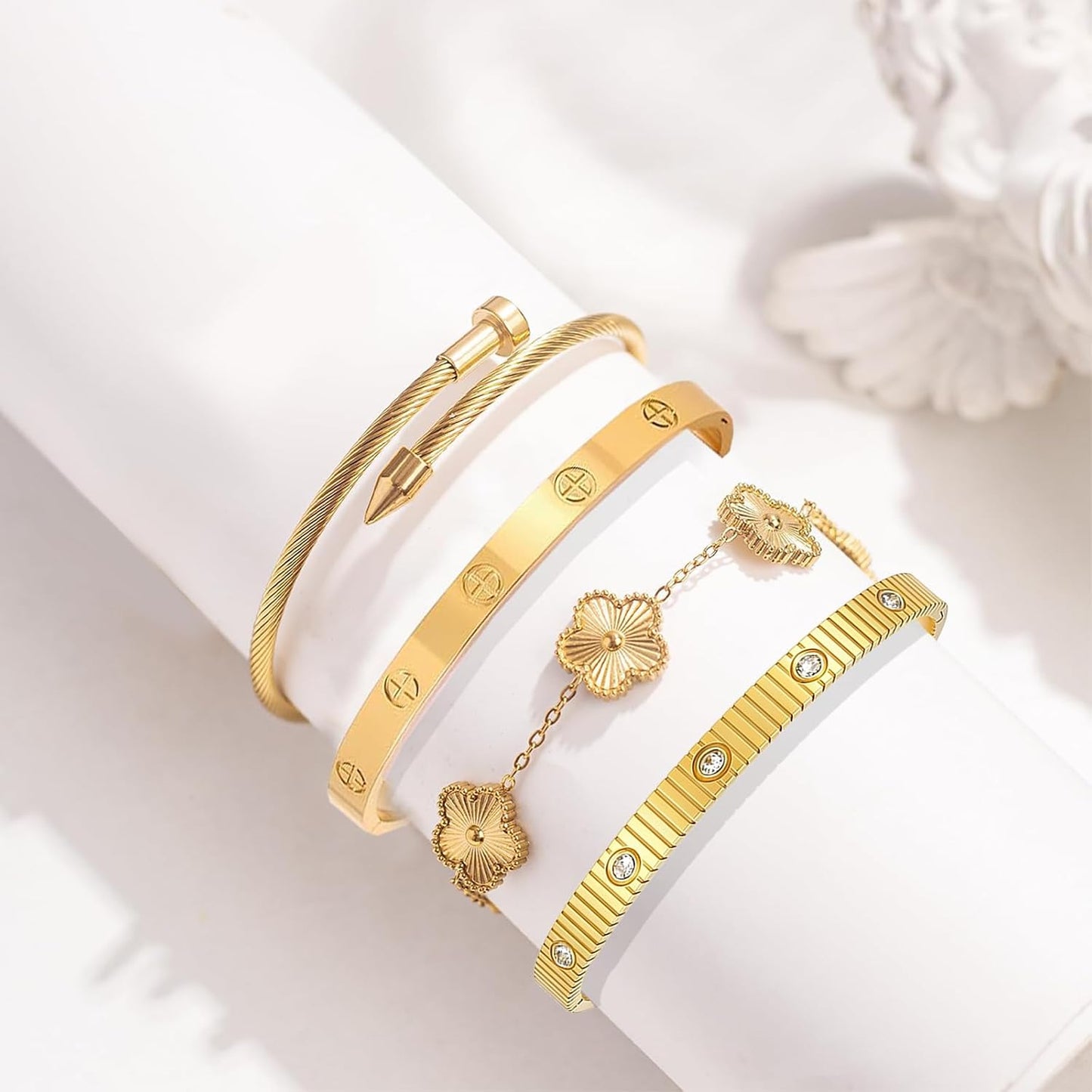 Ntutrxk Pulseras de oro para mujer - 4 piezas\/3 piezas, juego de p...