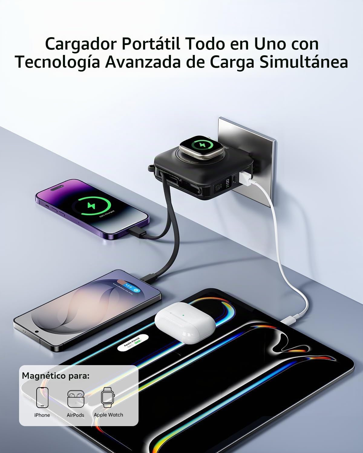 Cargador portátil magnético de carga rápida W&P de 45 W con 2 cable...