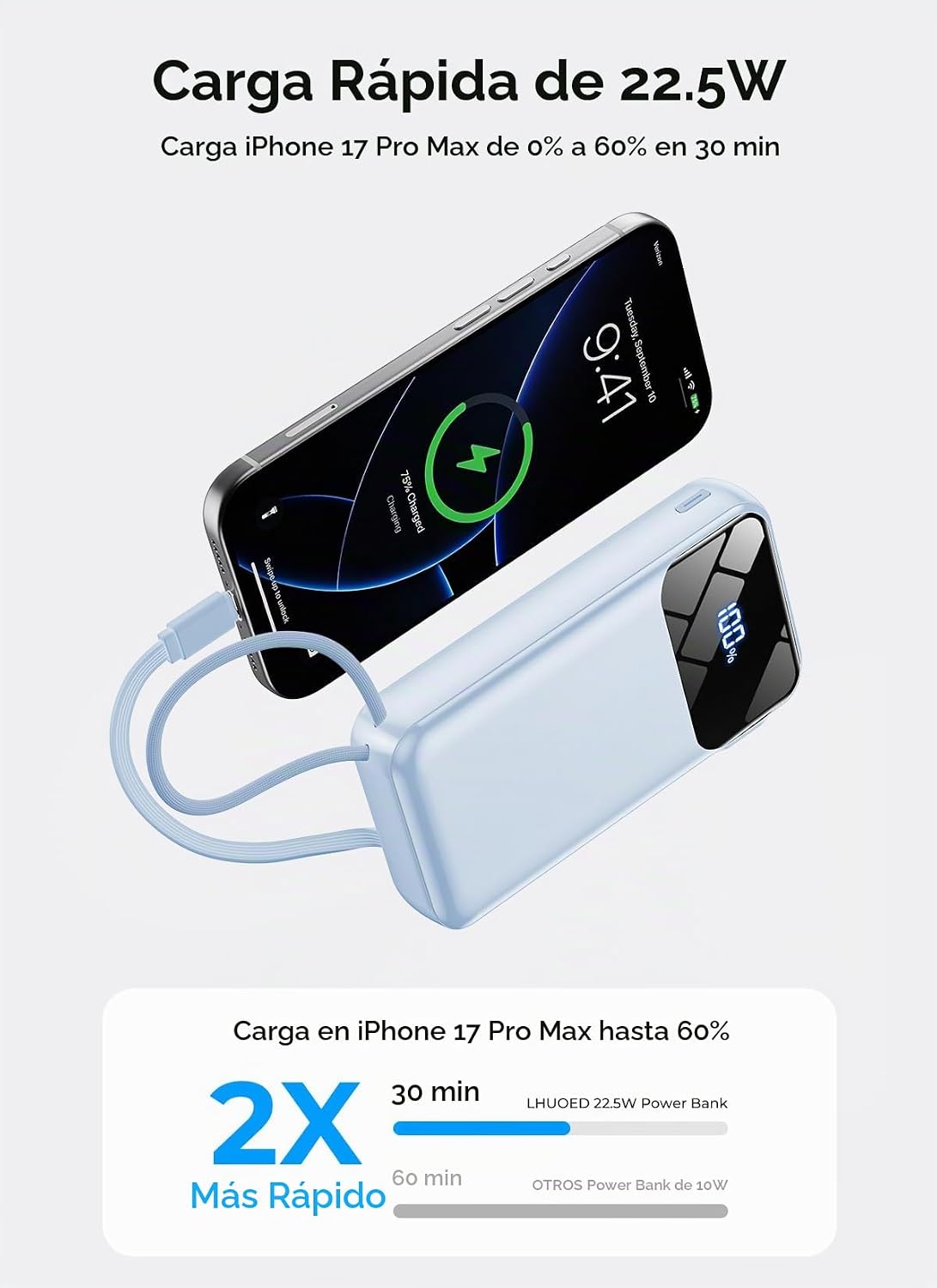Cargador portátil de 50000 mAh, banco de energía con cables incorpo...