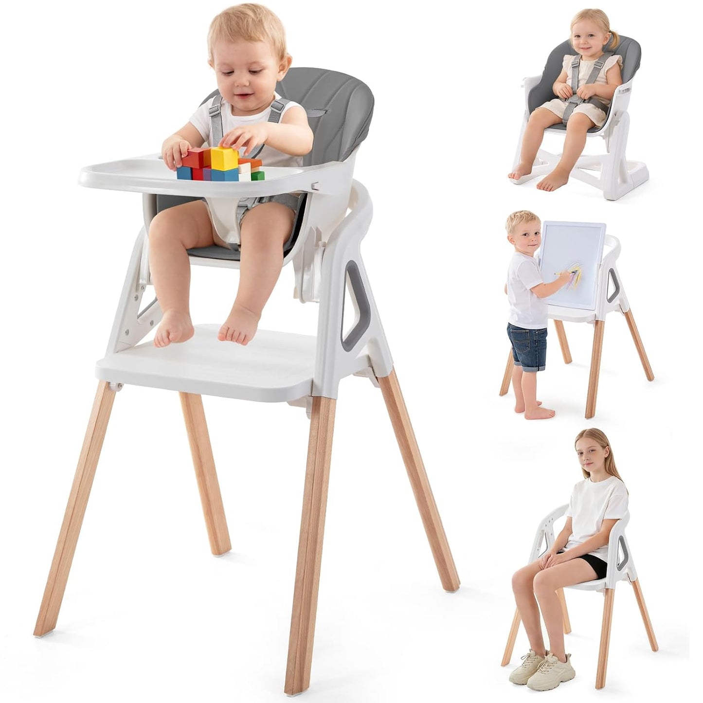 Silla alta para bebé, silla alta convertible de madera 4 en 1 para...