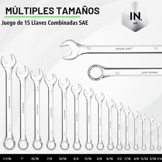 SWANLAKE GARDEN TOOLS Juego de llaves SAE de 15 piezas, juego de ll...
