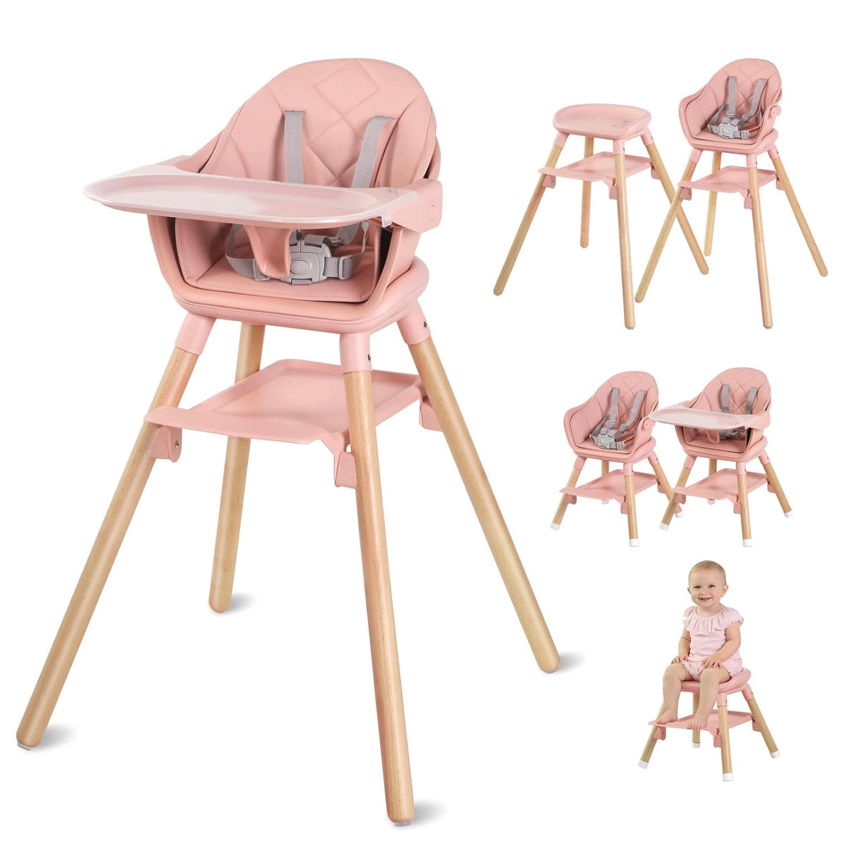 Silla alta 6 en 1 para bebé, sillas altas convertibles de madera pa...