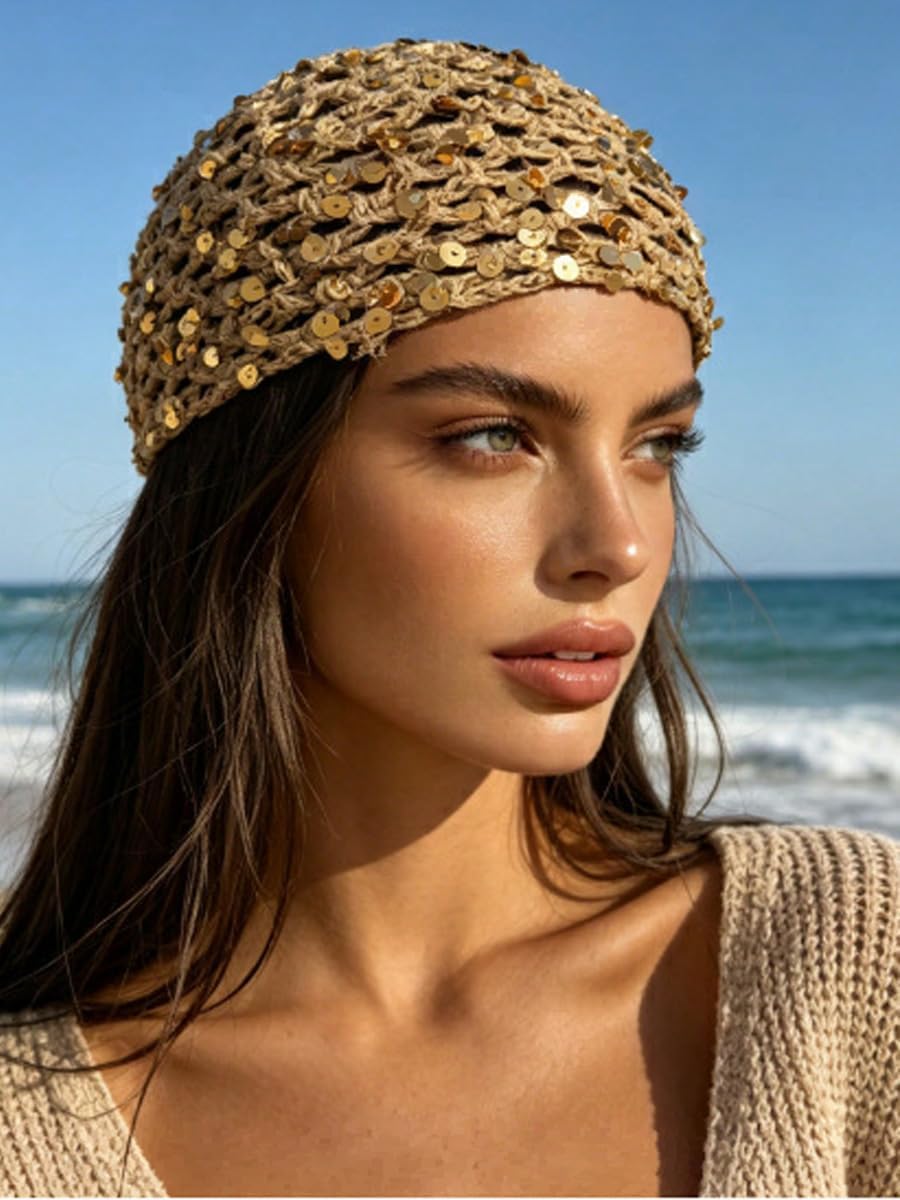 Gorro de punto con lentejuelas para mujer, estilo bohemio, con huec...