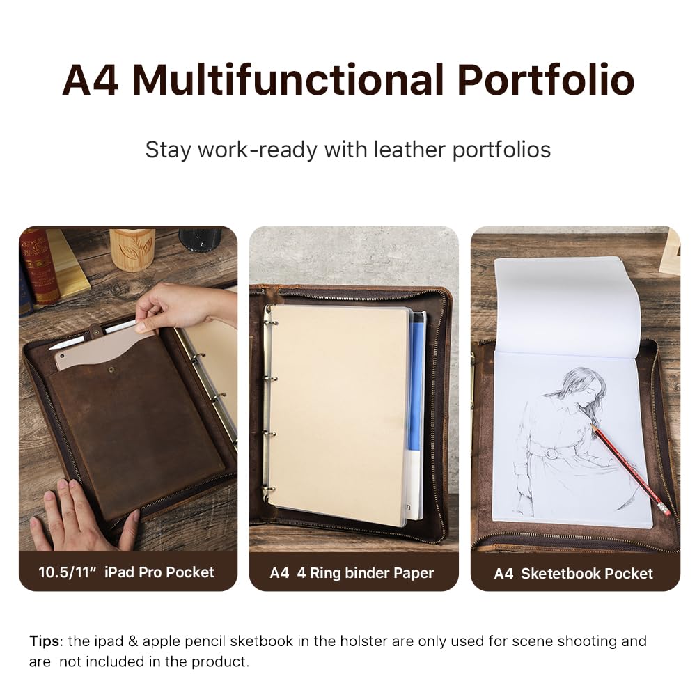 Hiram Portafolio de cuero hecho a mano A4, 40 hojas de papel con ca...