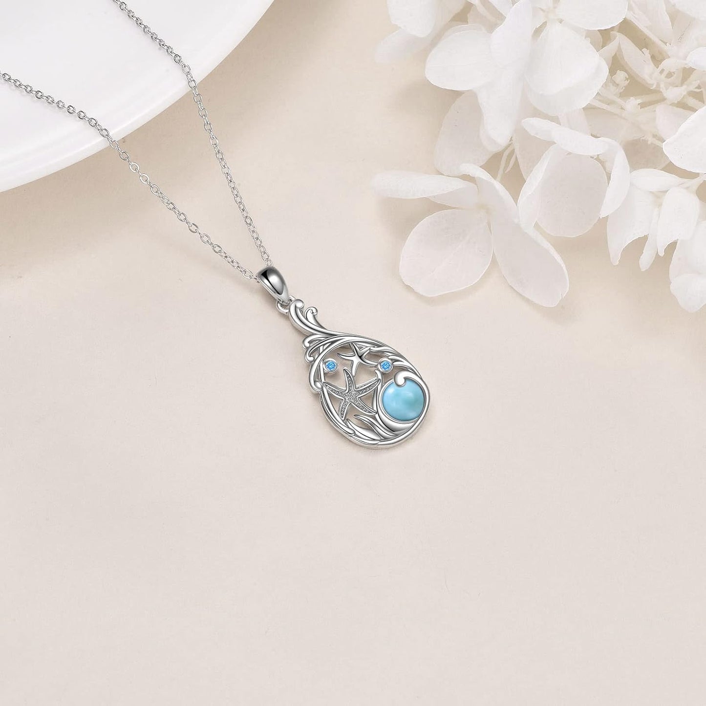 CRMAD Larimar - Collar de playa de plata de ley con diseño de lágri...