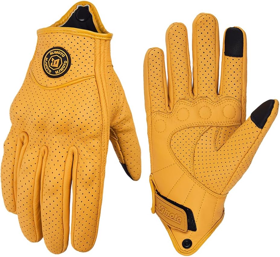 mjmoto Guantes clásicos de cuero de cabra para motocicleta, pantall...