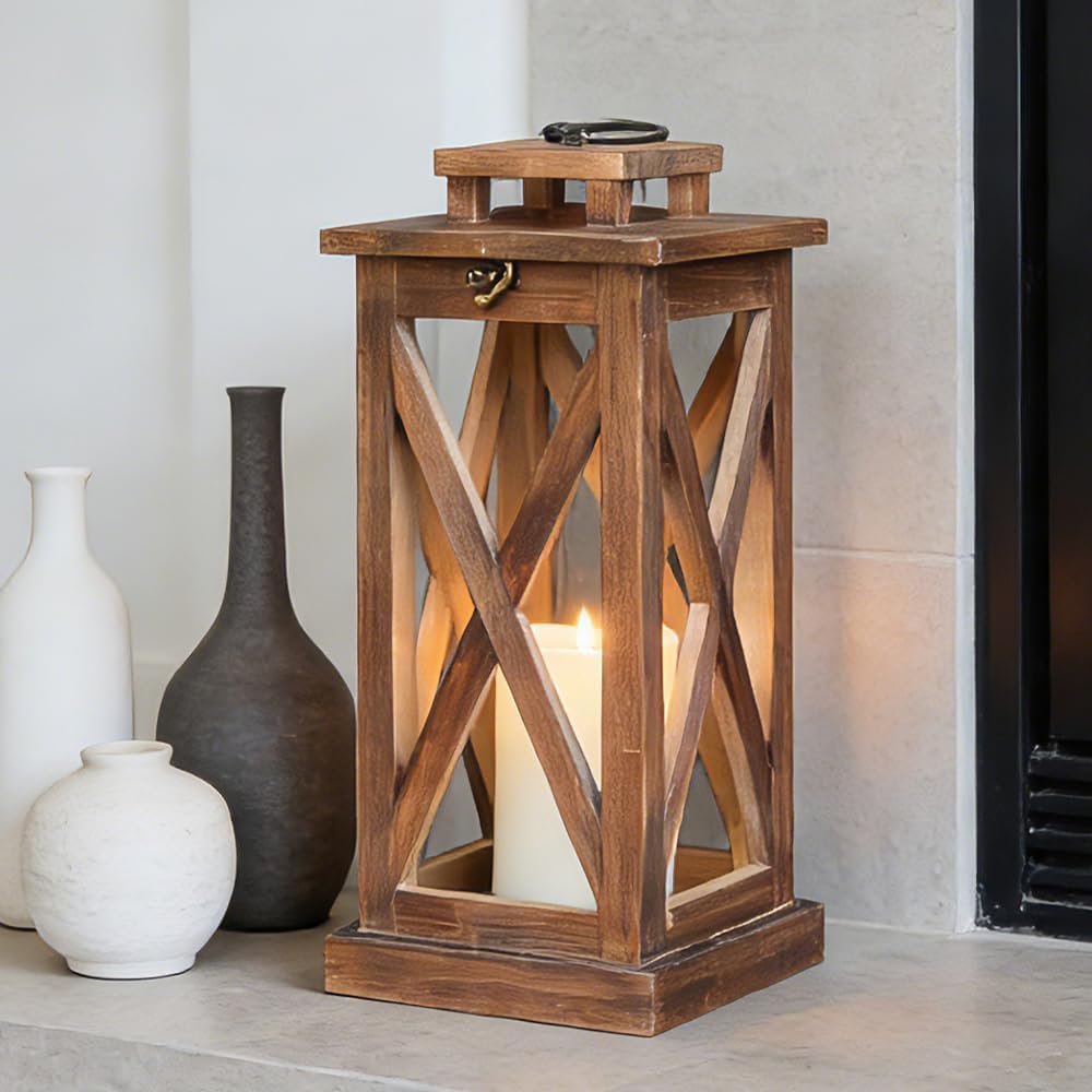 DECORKEY Farol rústico de madera para velas, 17 pulgadas de alto, d...