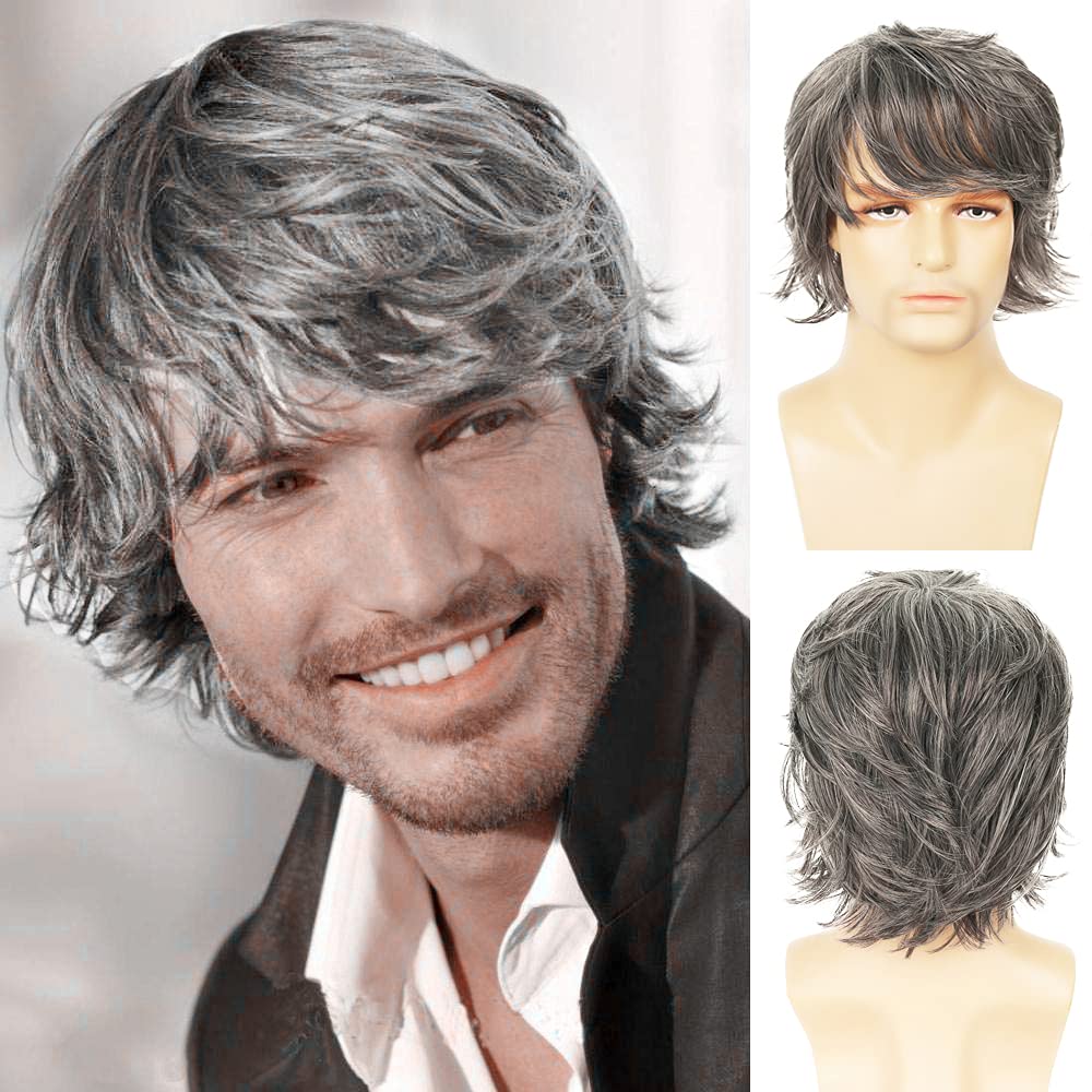 Wiwige Peluca gris para hombre, peluca corta en capas naturales esp...