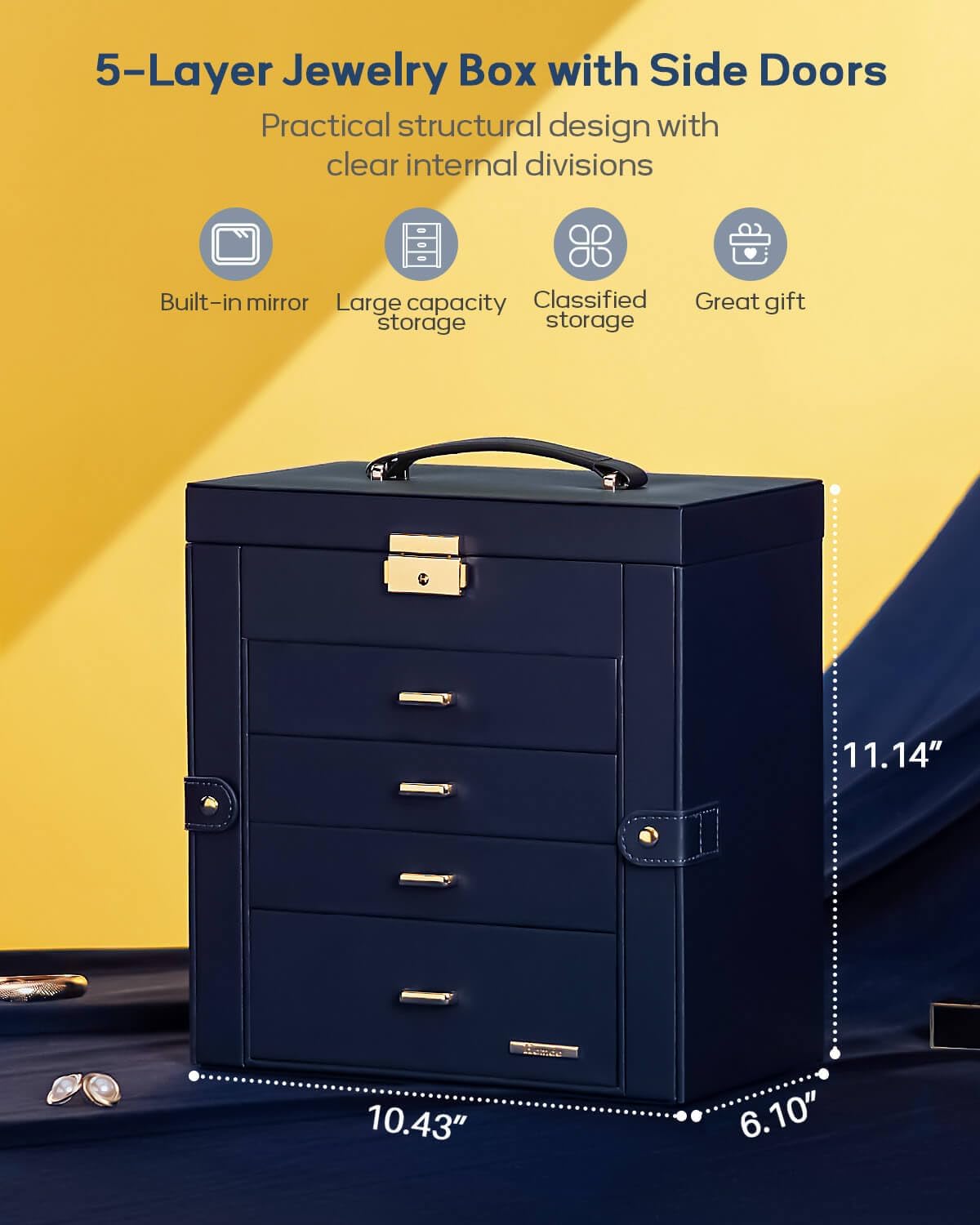 Homde - Joyero grande para mujer: organizador de 5 capas con cerrad...