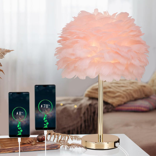 ZYLEIESENBAO Lámpara de mesa con cargador USB de plumas rosas, lámp...