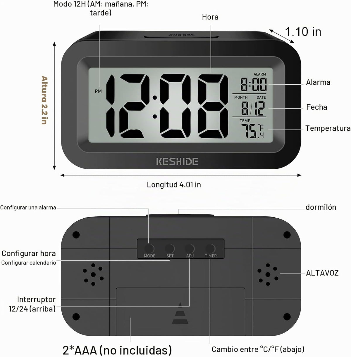 KESHIDE Reloj despertador digital de viaje, funciona con pilas con...