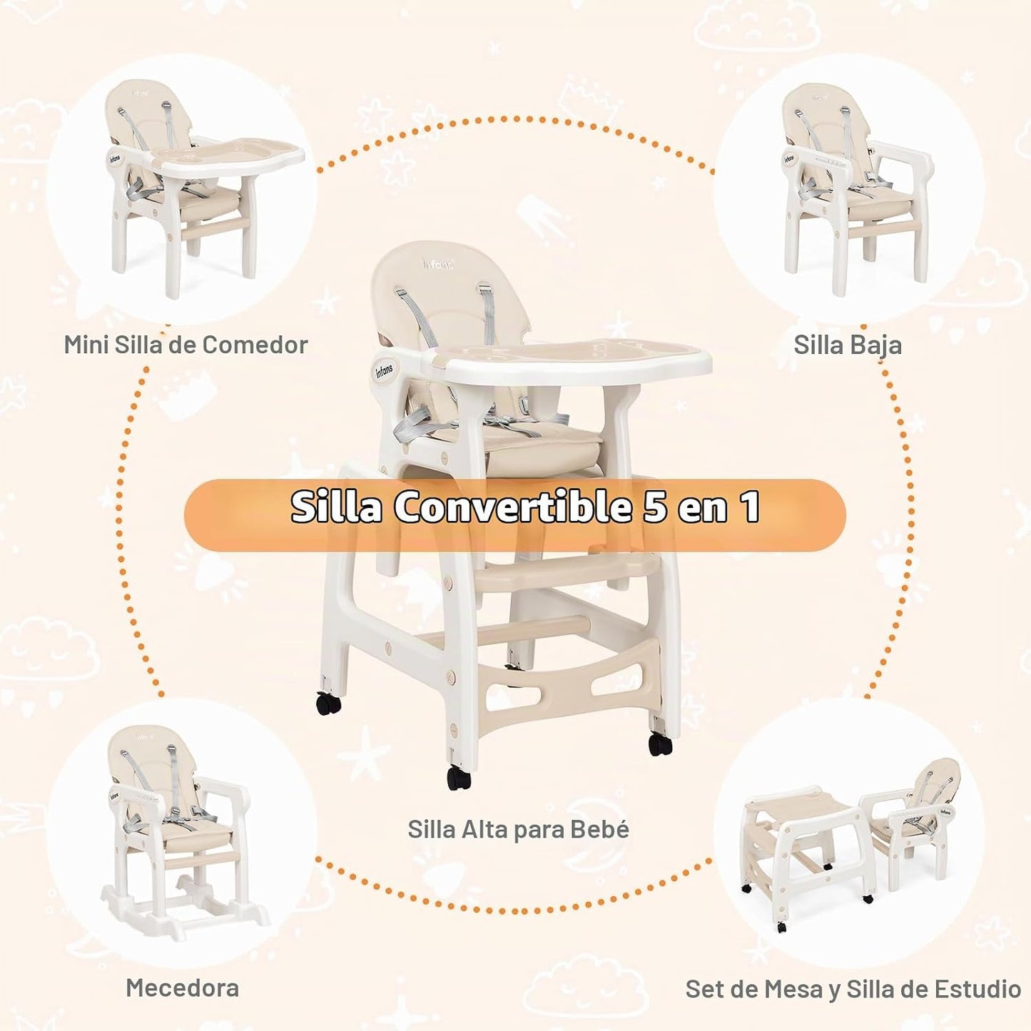 INFANS 5 en 1 Silla Alta para Bebé, Juego de Silla y Mesa Convertib...