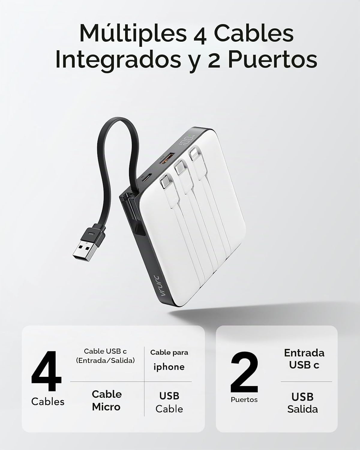 VRURC Cargador portátil de 20000 mAh con cables integrados, cargado...