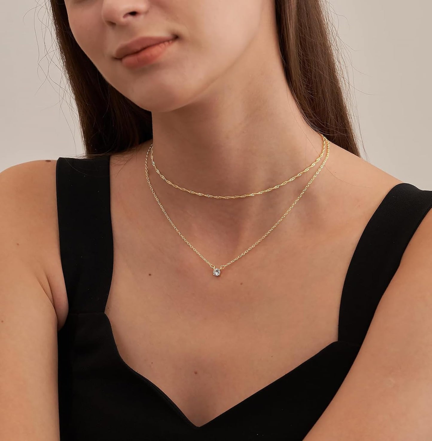 Tewiky delicados collares chapados en oro de 14 quilates con circon...