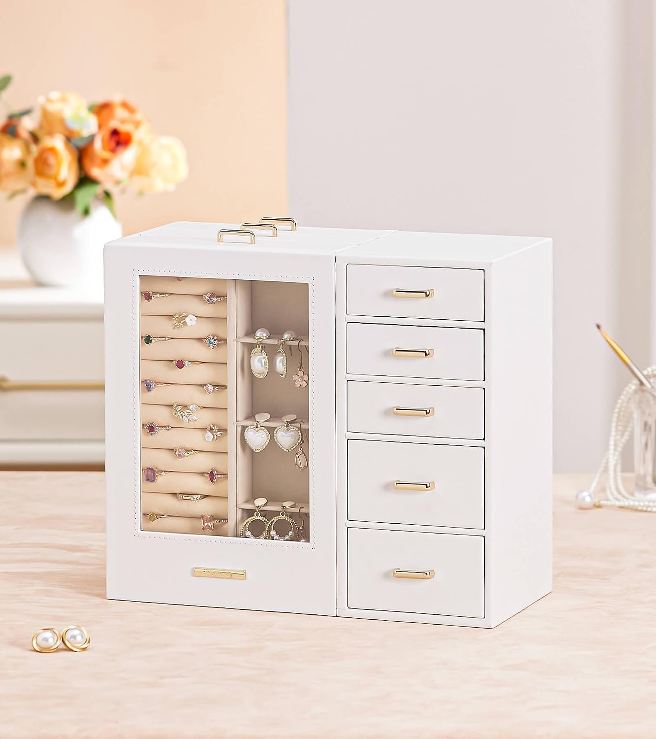 Homde - Gran joyero\/organizador\/caja con ventana de vidrio, cajon...