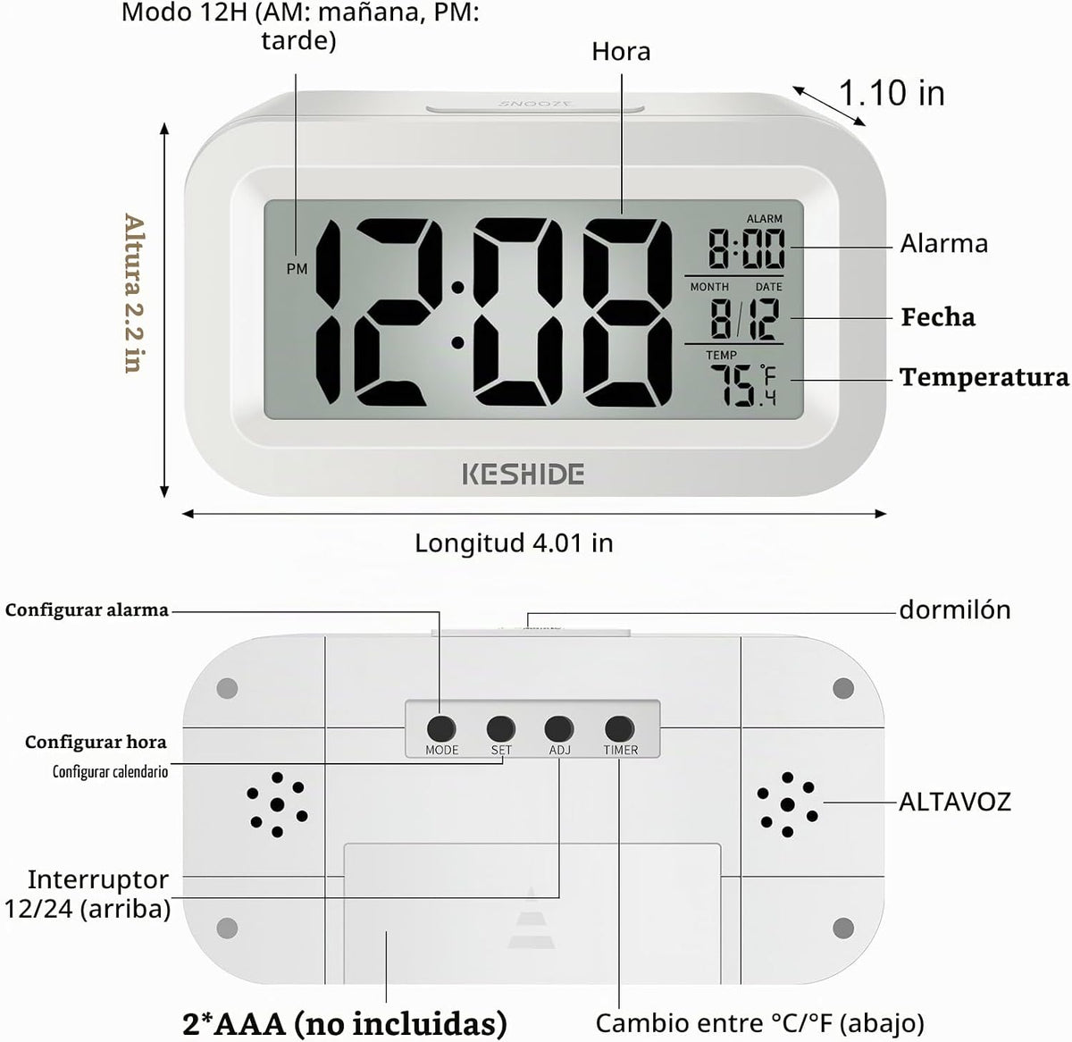 KESHIDE Reloj despertador digital de viaje, funciona con pilas, con...